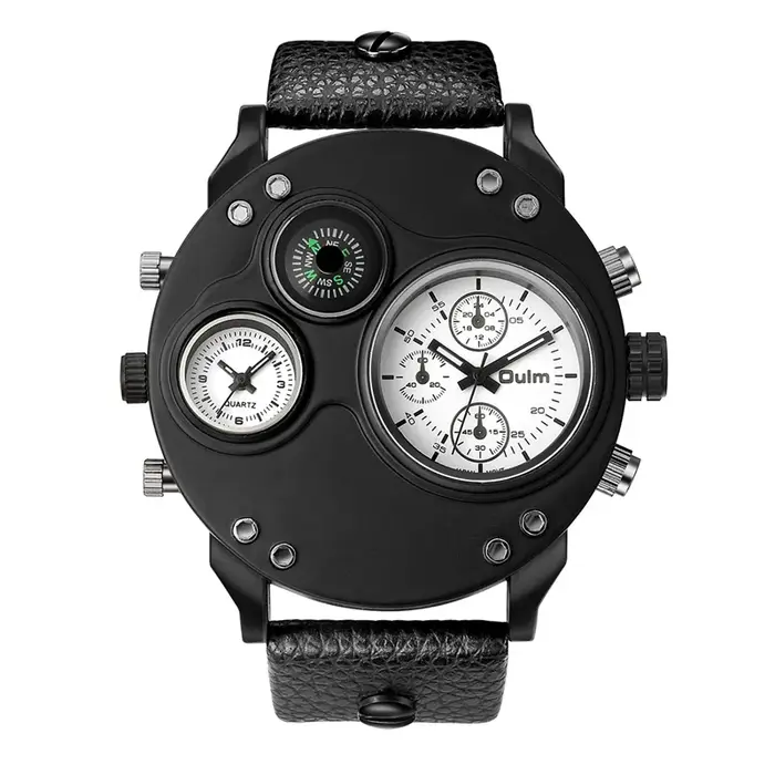 Oulm nouvelle mode Sport décontracté hommes montres en cuir noir double fuseau horaire montre-bracelet mâle Quartz grande taille luxe montre militaire