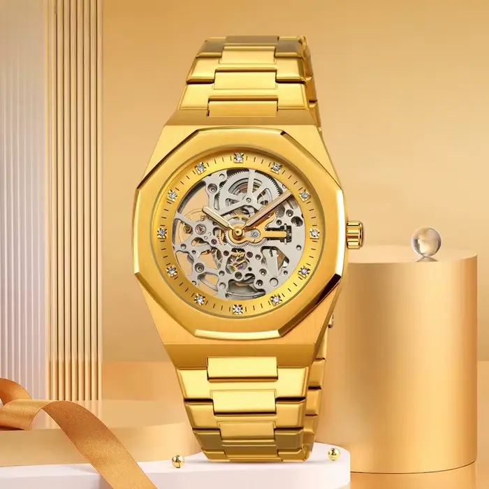 Montre squelette automatique pour hommes : acier inoxydable avec dos transparent et mouvement solide pour le style professionnel