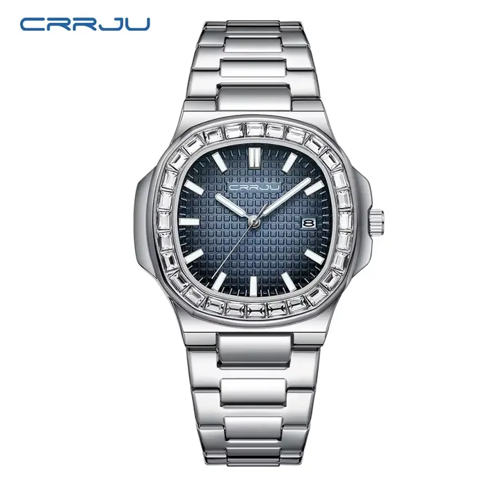 CRRJU-Montre à Quartz en Acier Inoxydable pour Homme, Haute Qualité, Top Marque, Calendrier, Mode
