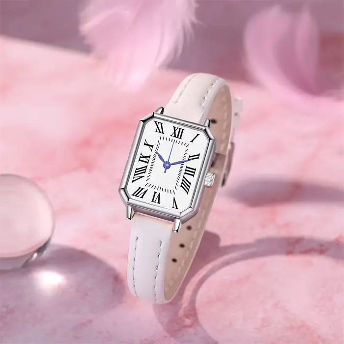 Montre femme carrée élégante avec bracelet cuir noir chiffres romains pour bureau et quotidien