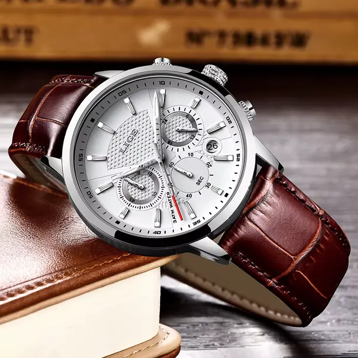 Nouvelle montre LIGE en cuir marron pour hommes, montre sportive quartz, résistante à l'eau, avec chronographe et affichage lumineux pour les occasions spéciales