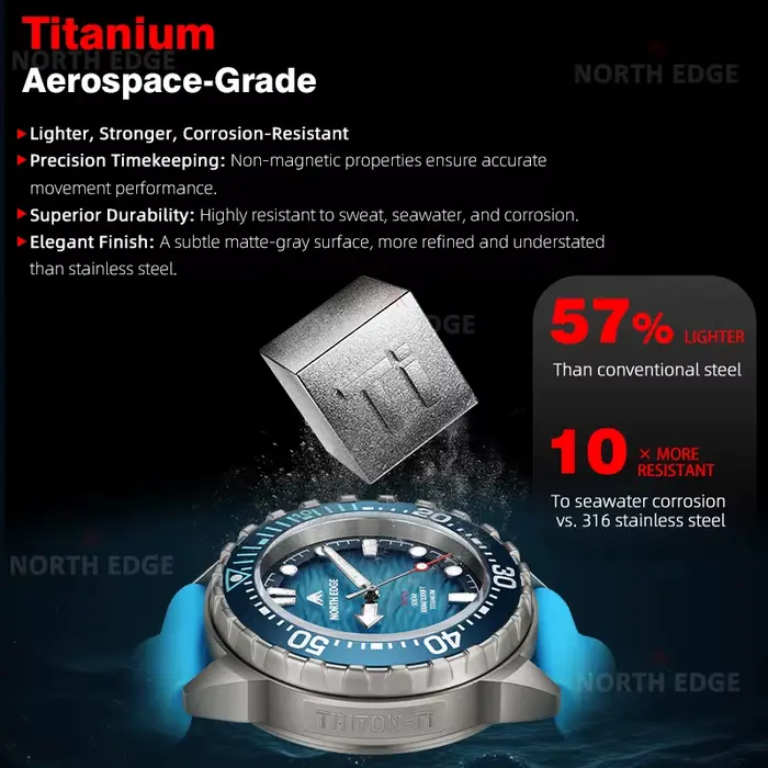 Montre de plongée solaire en titane et acier inoxydable NORTH EDGE TRITON-TI, montres à quartz de lu