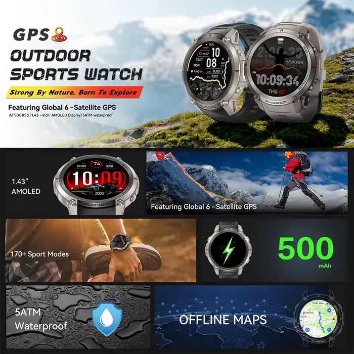 Nouvelle Montre Connectée Vwar T-Rex4 avec GPS, Suivi Fitness et 170 Modes Sportifs pour Hommes Occasions Spéciales