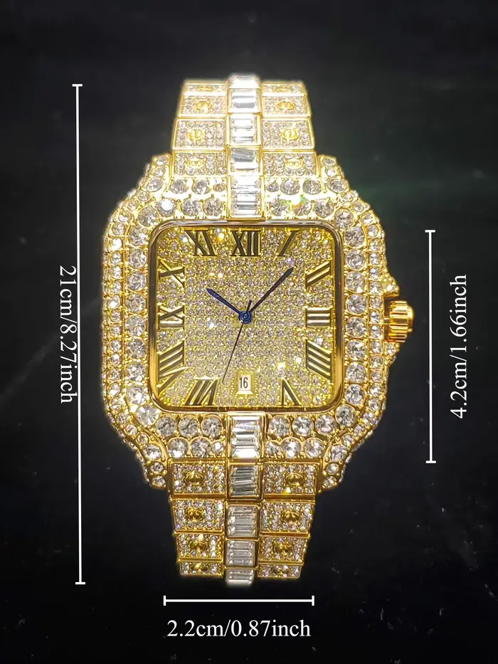 Montre en or diamant pour hommes avec calendrier complet, mouvement à quartz, bracelet solide orné de zircons, pour les occasions spéciales et les sorties professionnelles