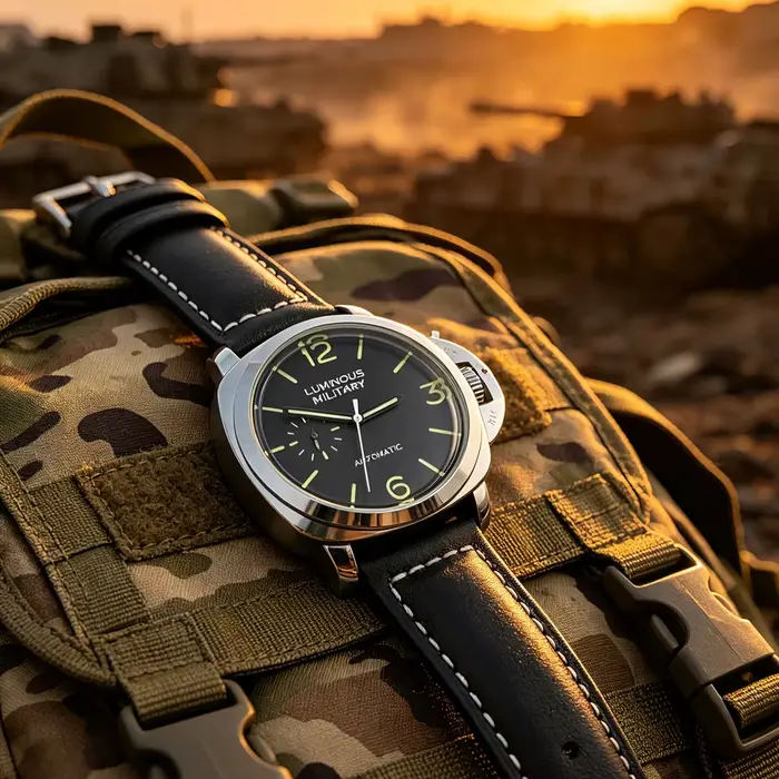 Montre classique homme cadran lumineux automatique militaire cuir véritable argent brun occasionnels élégance