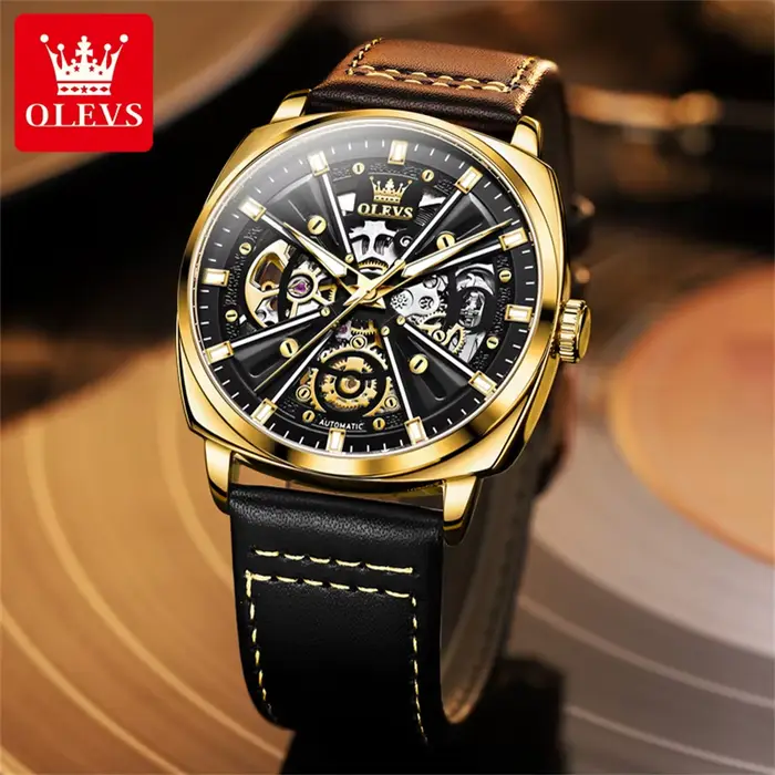 OLEVS 6685 montres pour hommes originales mode boîtier Tonneau creux bracelet en cuir série X marque de luxe montre mécanique automatique pour homme