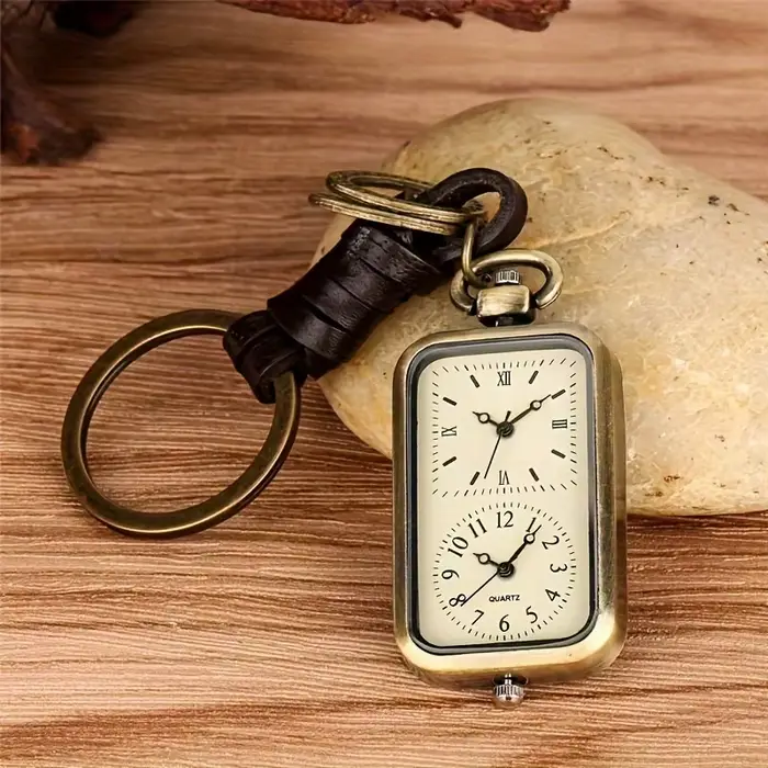 Porte-clés en Bronze montre de poche carré rétro double mouvement de l'heure montre à quartz sans co
