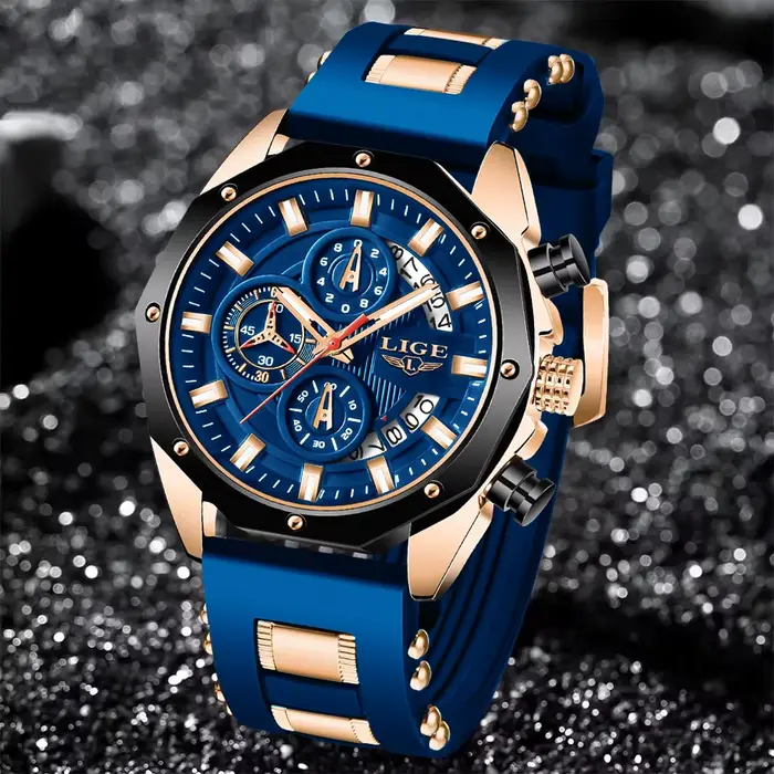 LIGE bleu Montre en Silicone pour hommes mode militaire Sport chronographe horloge mâle haut marque de luxe étanche