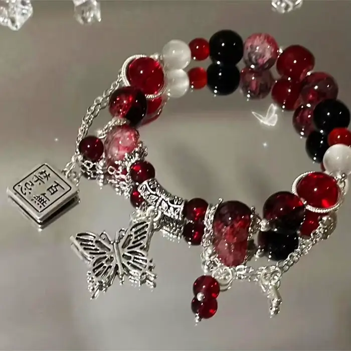 Bracelet perlé rouge de style chinois pour femme