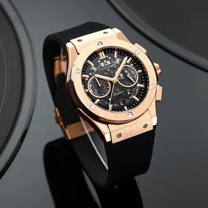 Montre-bracelet automatique de luxe pour homme avec chronographe squelette, or rose, argent, bronze, brun, café, ivoire, multicolore, or rose, or, occasion spéciale homme