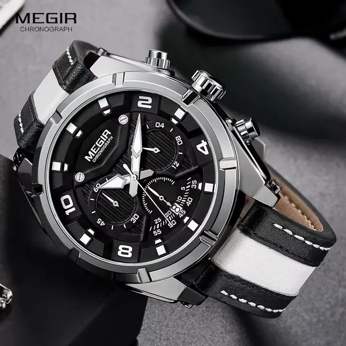 MEGIR mode hommes chronographe montres à Quartz bracelet en cuir aiguilles lumineuses 24 heures sport analogique montre-bracelet pour homme 2076 blanc
