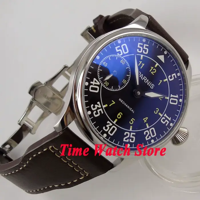 Parnis Pilot Aviator montre pour hommes classique asie 6497 mouvement à remontage manuel cadran noir blanc lumineux acier inoxydable 316L 44mm