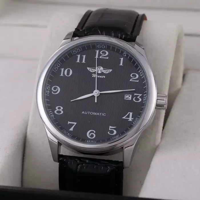 Montre automatique homme T-Winner classique avec bracelet en cuir squelette auto-vent pour occasions formelles et décontractées