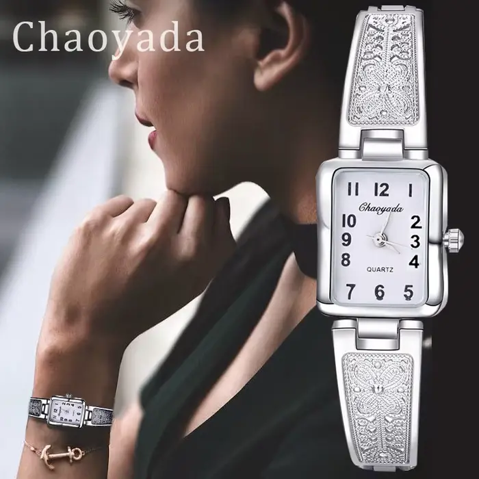 Or/argent femmes Vintage montres de luxe élégant Quartz mode Rectangle cadran montre sculpté motif Bracelet décontracté