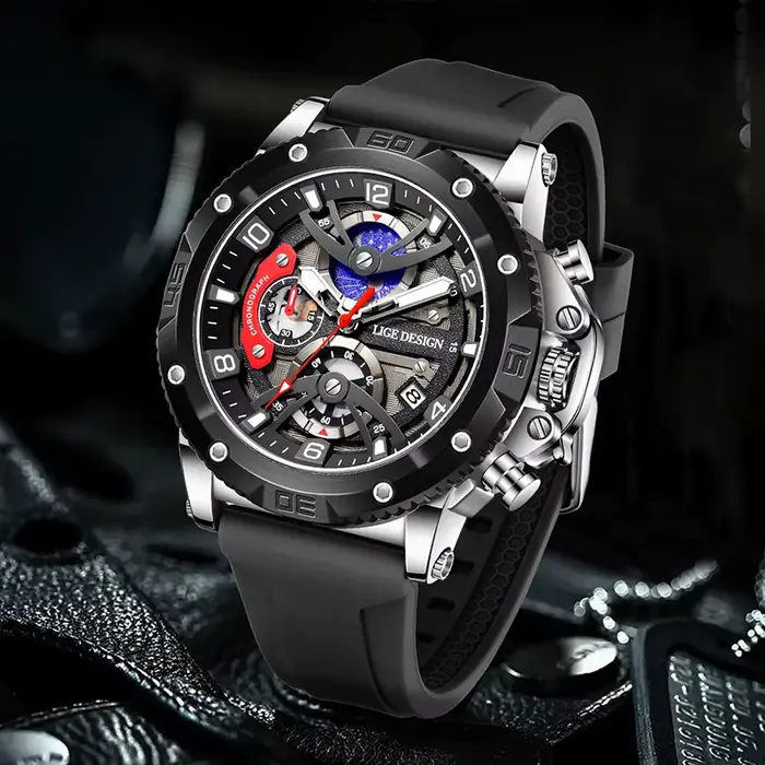 LIGE 2025 nouvelles montres pour hommes mode sport date chronographe montre à quartz bracelet en silicone étanche