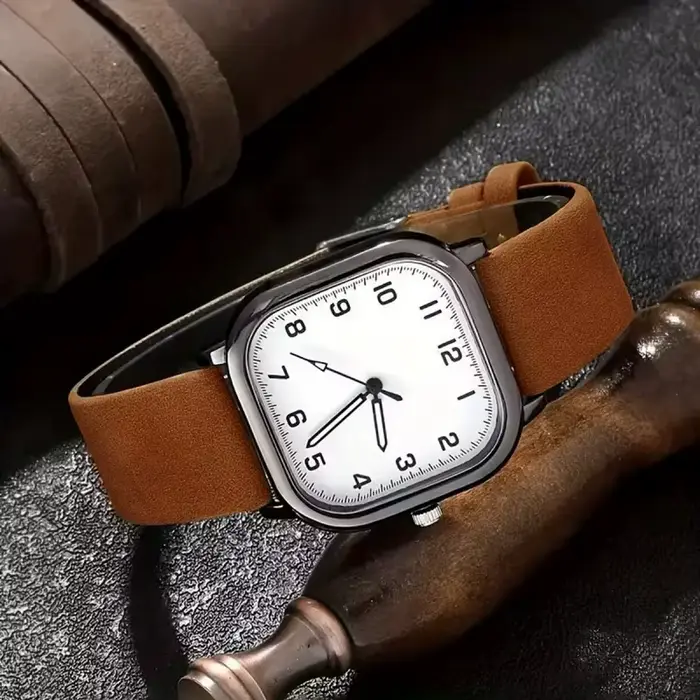 Mode hommes montres décontracté carré montre à Quartz bracelet en cuir montre-bracelet