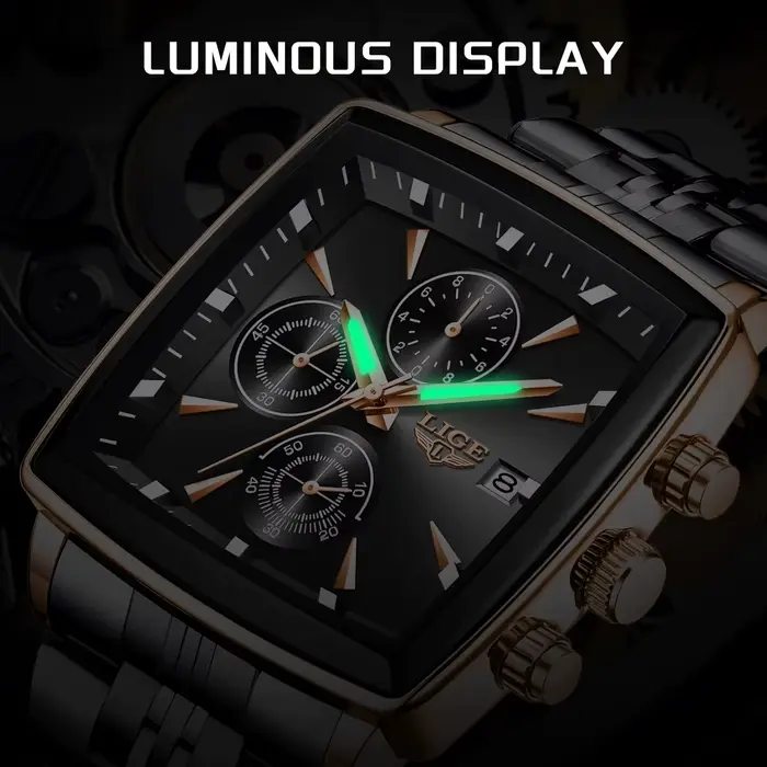 Montre homme LIGE avec cadran carré acier inoxydable étanche chronographe auto date pour hommes occassions diverses