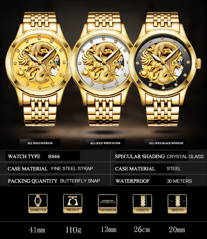 Montres mécaniques automatiques de luxe pour hommes, horloge Dragon doré, étanche, cadeau unique, marque supérieure