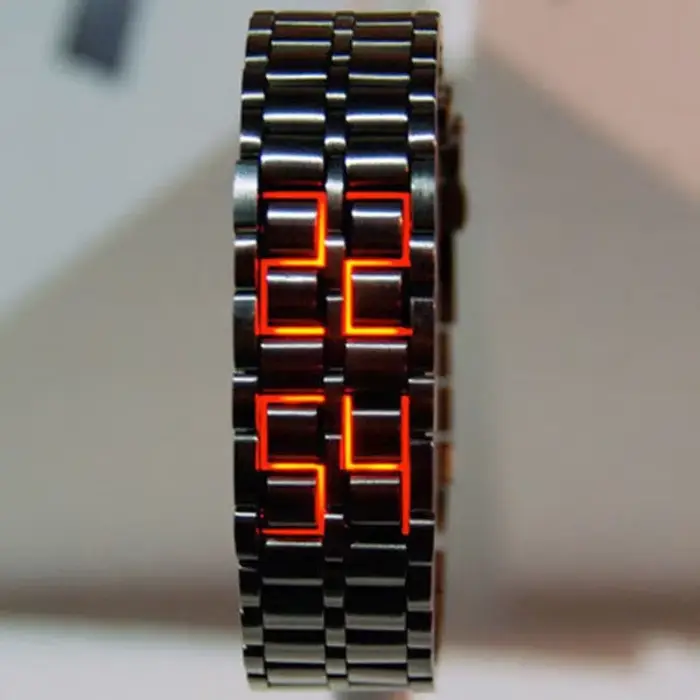 Mode noir entièrement en métal numérique lave montre-bracelet hommes rouge/bleu LED affichage
