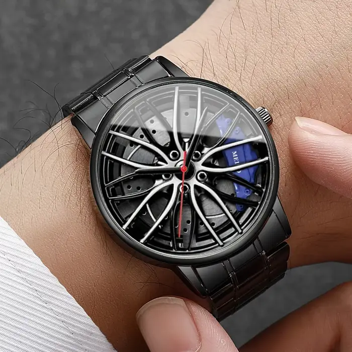Mode hommes montres de sport 3d roue de voiture bracelet en acier inoxydable montre-bracelet