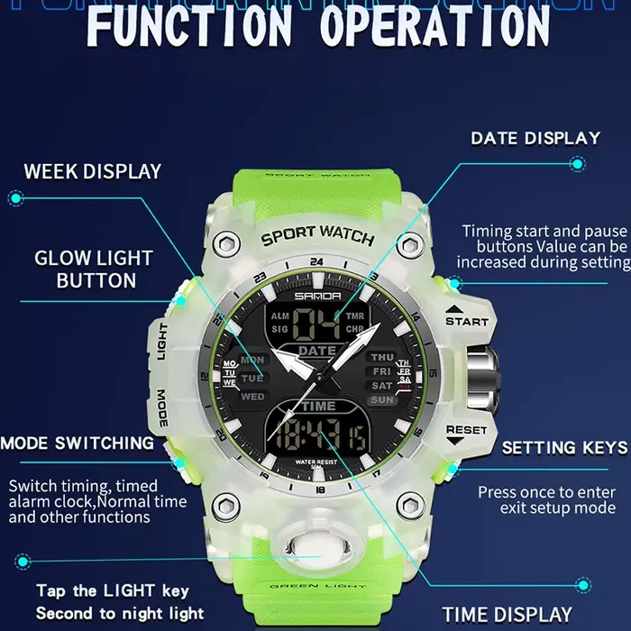 Montre SANDA double affichage sport quartz homme résistante à l'eau multifonctionnelles occassions spéciales