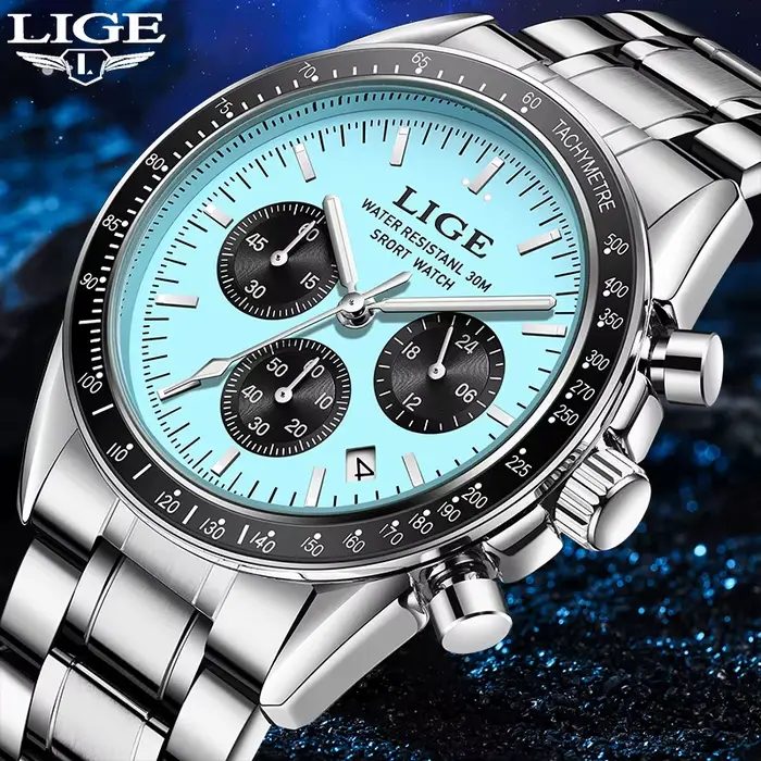 Montre homme LIGE acier inoxydable sport quartz avec chronographe et résistance à l'eau pour activités quotidiennes et sportives