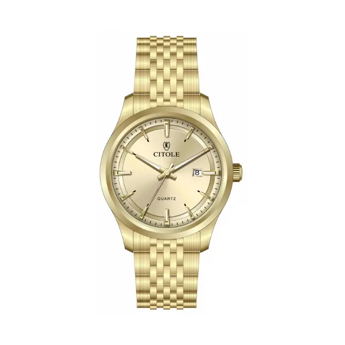 Montre pour homme avec cadran doré de 42 mm, mouvement à quartz TMI PC32, calendrier, bracelet en ac