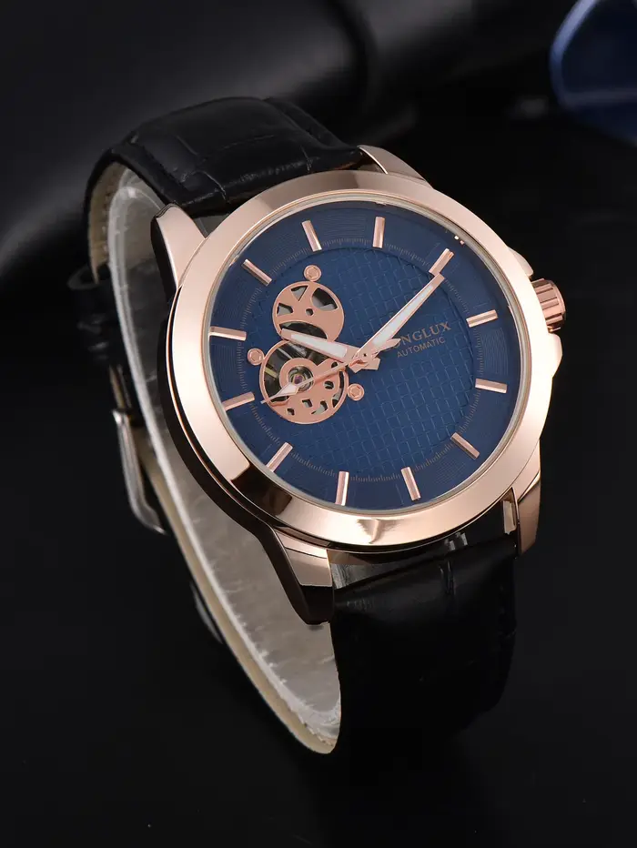 Montre automatique LONGLUX, montre mécanique élégante rétro squelette, étanche, en or rose, bracelet