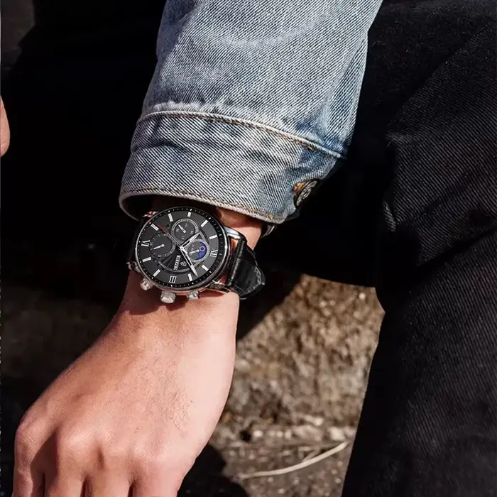 Montre homme LIGE 2026 en acier inoxydable avec bracelet en cuir pour activités sportives et occasions spéciales