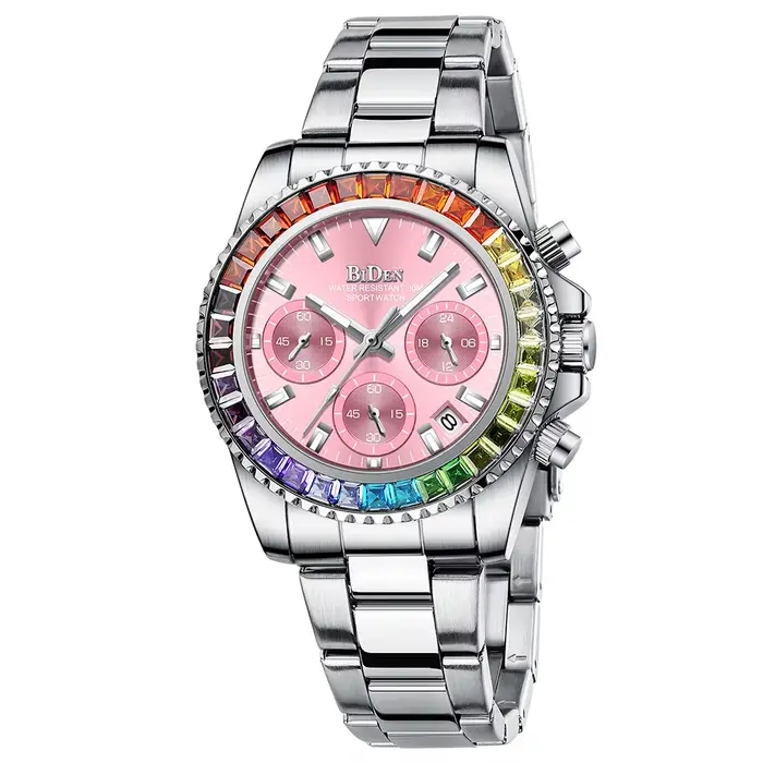 BIDEN-Montre-bracelet en acier inoxydable argenté pour femme, cadran en biscuits coloré, montre habi