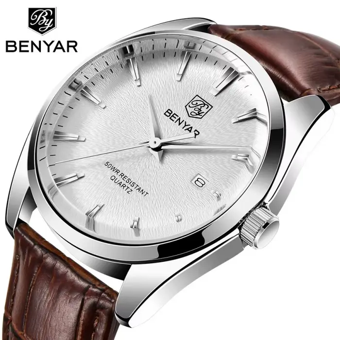 Montre en cuir Benyar 5163 Quartz étanche pour hommes avec boucle ardillon et calendrier complet style militaire occasionnels spéciaux