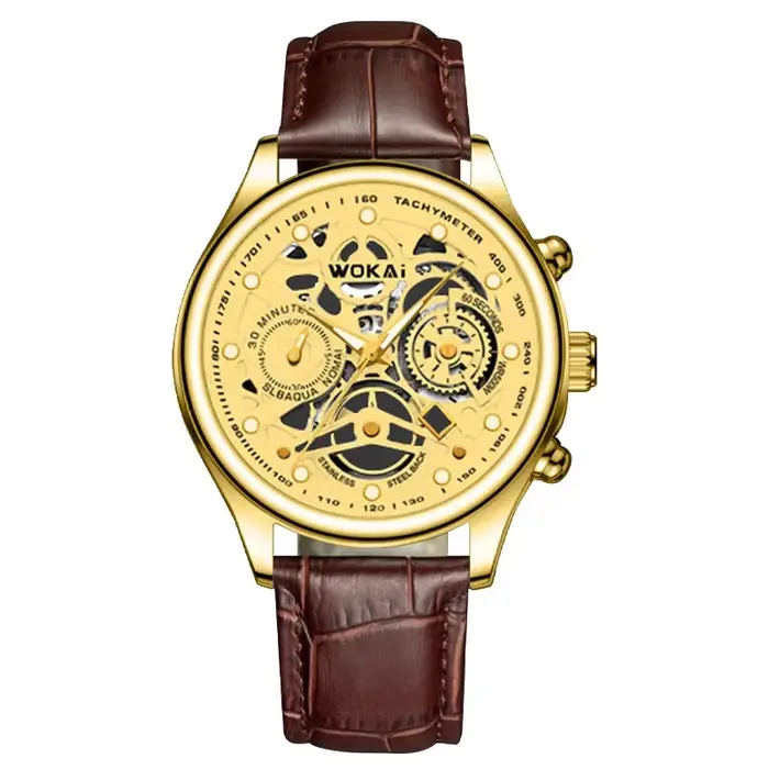 Montre d'affaires pour hommes, montres dorées, montres-bracelets à quartz de luxe avec surface squel