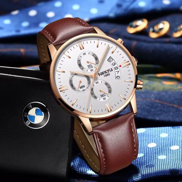 Montre-bracelet chronographe en cuir pour homme