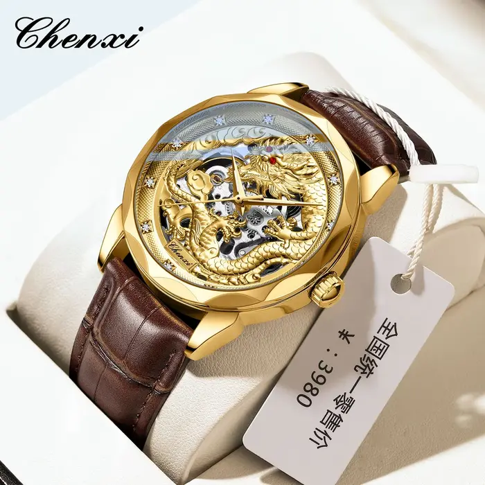 Montre automatique CHENXI 8899 avec motif dragon doré en relief 3D pour hommes, culture et art chinois, résistance à l'eau, mouvement automatique, acier inoxydable