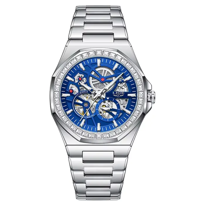 Montre pour homme LIGE, squelette, luxe, automatique, mécanique, lumineuse, étanche, bracelet en aci