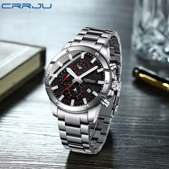 Montre-bracelet étanche CRRJU avec chronographe lumineux et calendrier complet pour homme style fashion et casual occasions spéciales