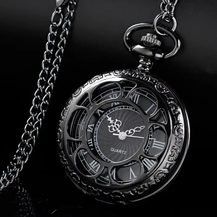 Montre à gousset — Montres de poche creuses noires pour femmes, unisexe, Vintage, squelette, Quartz,