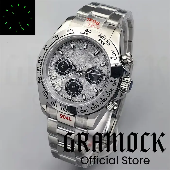 Gramock montre pour hommes 39mm argent VK63 sport chronographe montres à Quartz gris météorite cadra