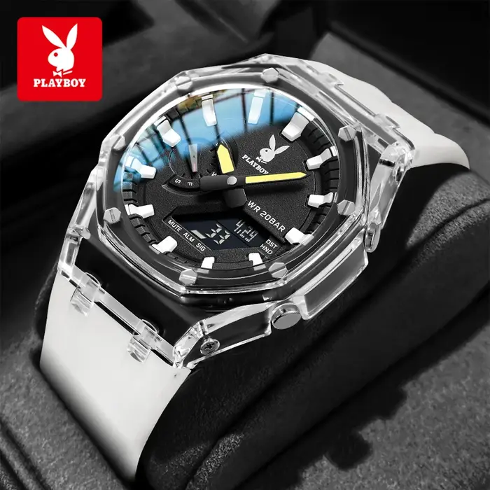 Montre de luxe PLAYBOY homme bracelet caoutchouc résistante à l'eau analogique-digital occassions spéciales