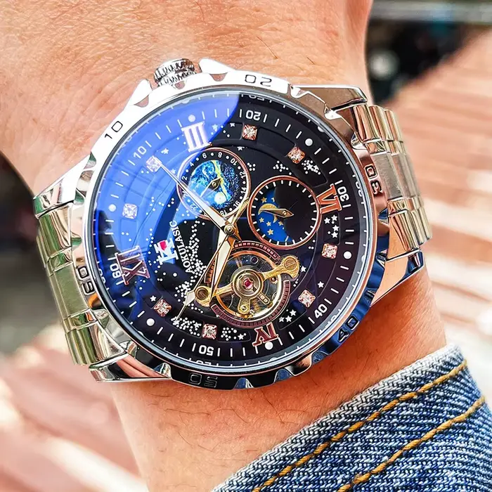 Montre multifonctionnelle homme automatique avec phase de lune lumineuse cadran 43mm résistante à l'eau occassions spéciales