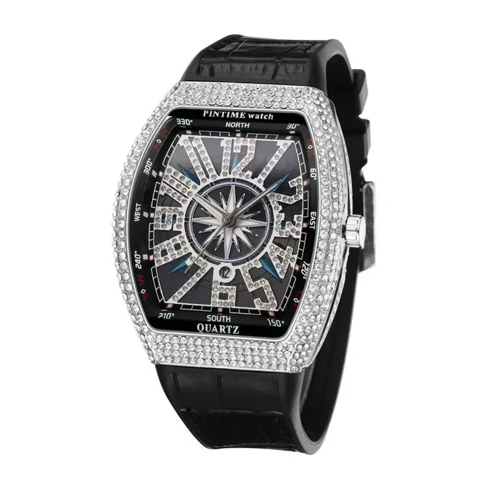 Montre en diamant pour hommes, montres glacées de luxe, Tonneau, cadran à chiffres arabes, montres à