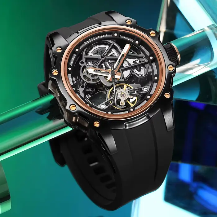 Montre mécanique automatique Daniel Gorman MEGIR 2243 cadran squelette sportive avec bracelet en silicone pour homme occasions spéciales