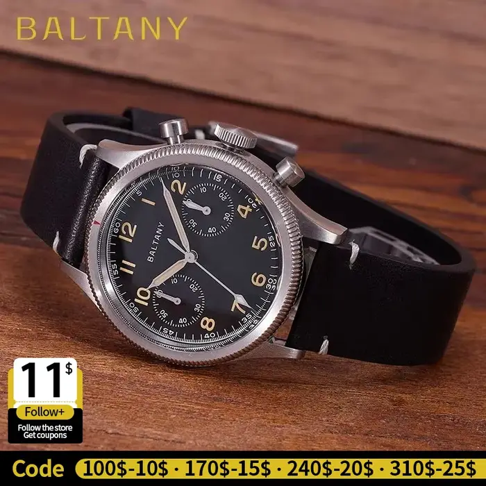 Baltany chronographe militaire homme S5054 montre à Quartz de Style rétro bracelet en cuir verre saphir 5ATM