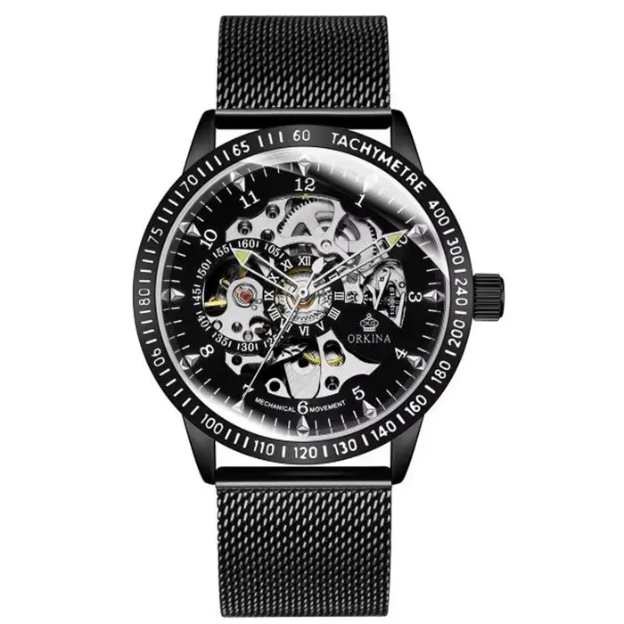 ORKHR-Montres mécaniques de luxe pour hommes, argent, noir, montre-bracelet automatique à remontage 