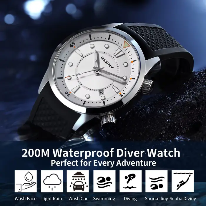 BERNY montre de plongée automatique pour hommes 200M étanche Miyota 8215 saphir AR enduit Silicone sport natation