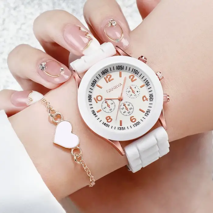 4 pièces/ensemble genève montre mode bracelet en Silicone femmes montres à Quartz coeur ensemble de bijoux (sans boîte)