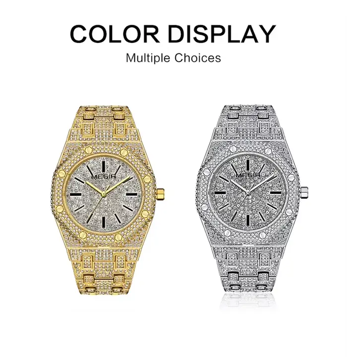 Montre à quartz carrée entièrement sertie de diamants pour hommes et femmes