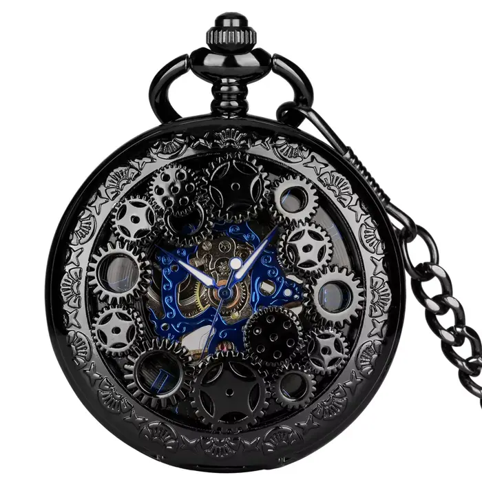 Montre de Poche Mécanique à Numérisation Romaine pour Homme, Bleu Royal, Engrenages Noirs, Design Cr