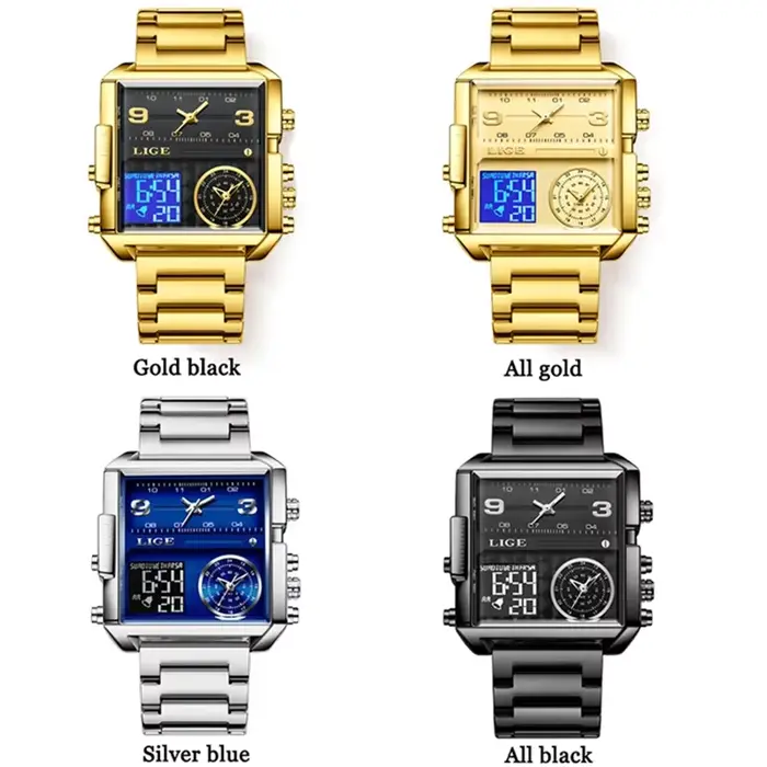LIGE – montre à Quartz dorée pour hommes