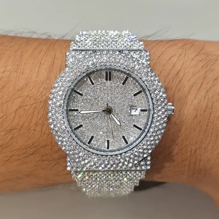 Montre de luxe homme acier inoxydable diamants glacés quartz élégante hip hop occasionnelle bronze café rose